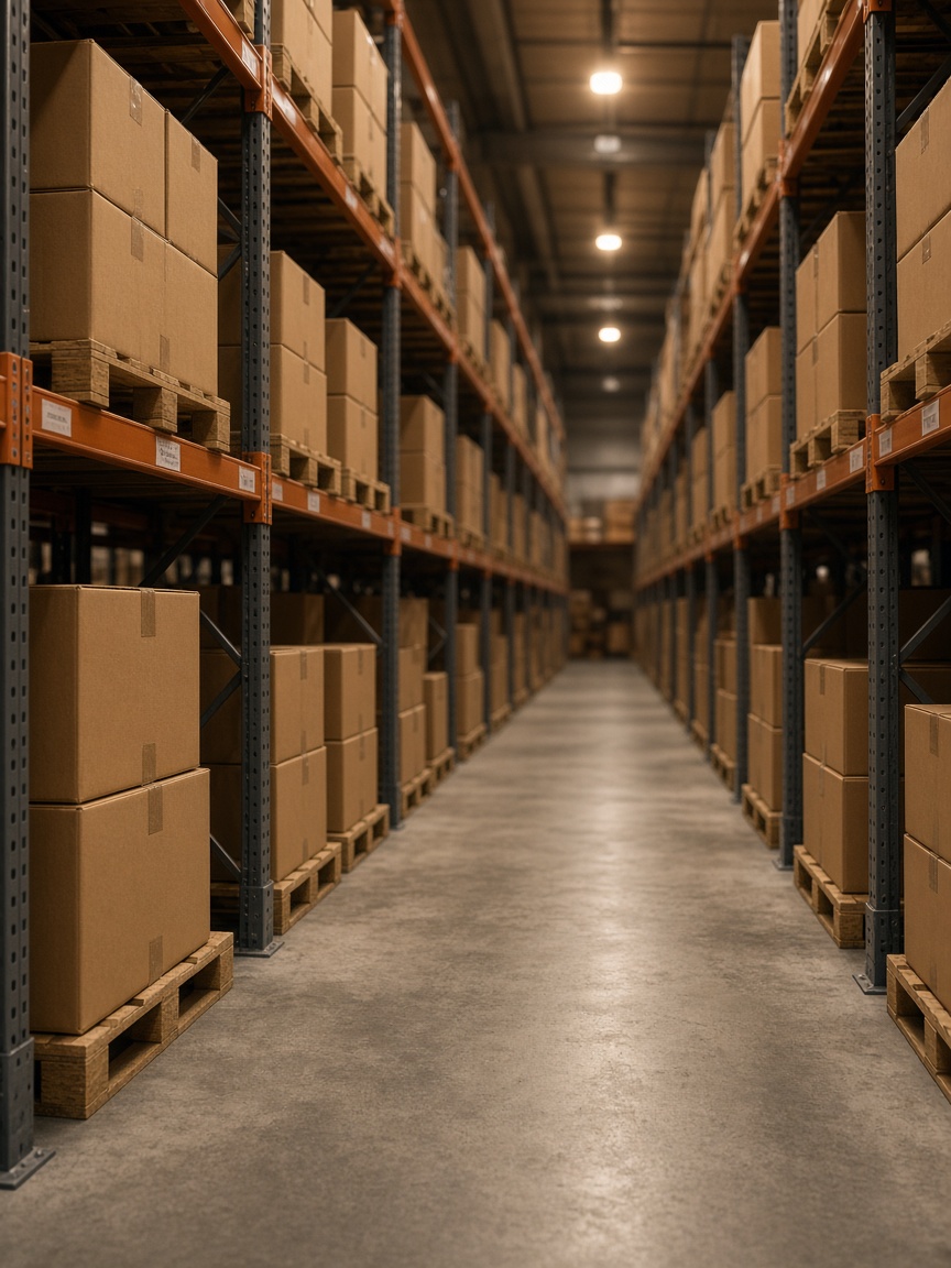 A carton aisle in a warehouse