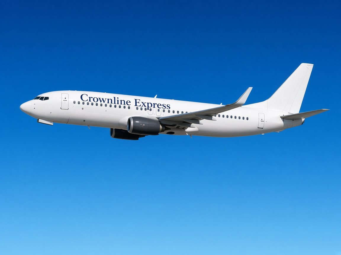 A white jet in flight with Crownline Express on the fuselage.