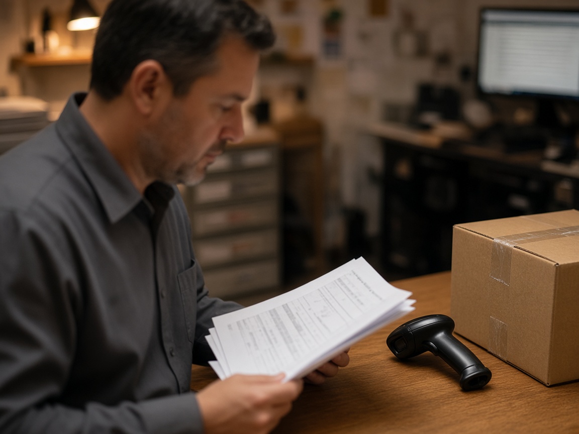 A logistics employee checking a shipping document while scanning a parcel.