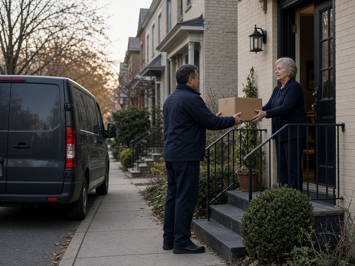 A delivery worker in a navy jacket handing a cardboard parcel to a recipient at a townhouse door.