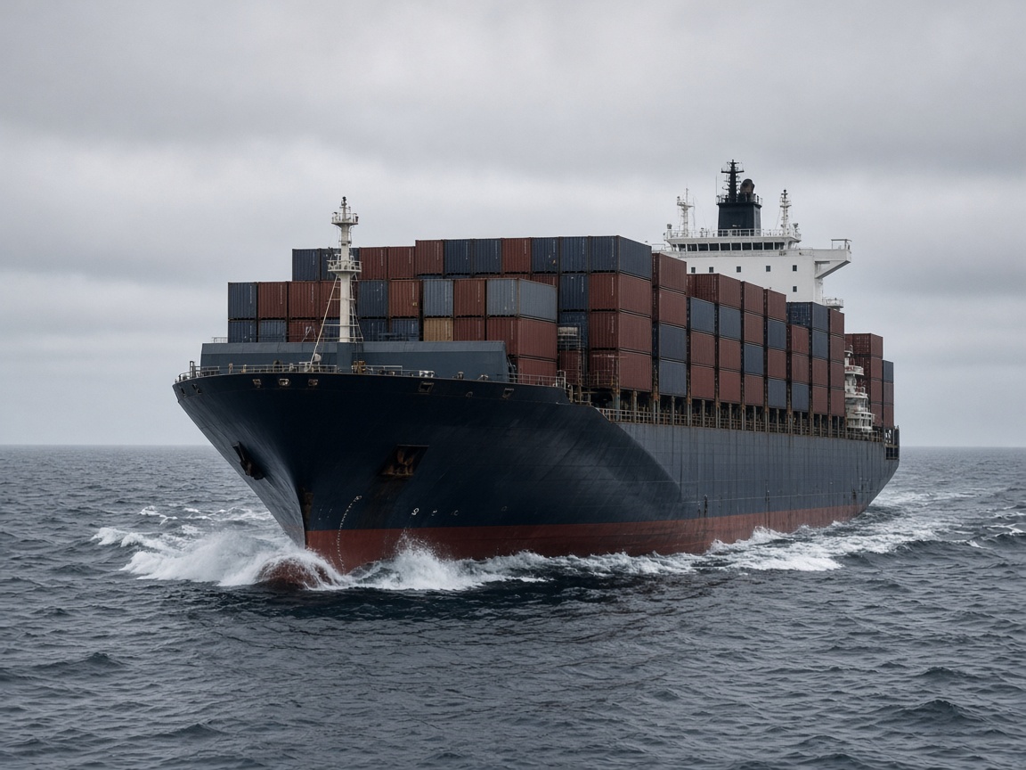 An aerial view of a fully loaded container ship crossing open, deep-blue ocean.