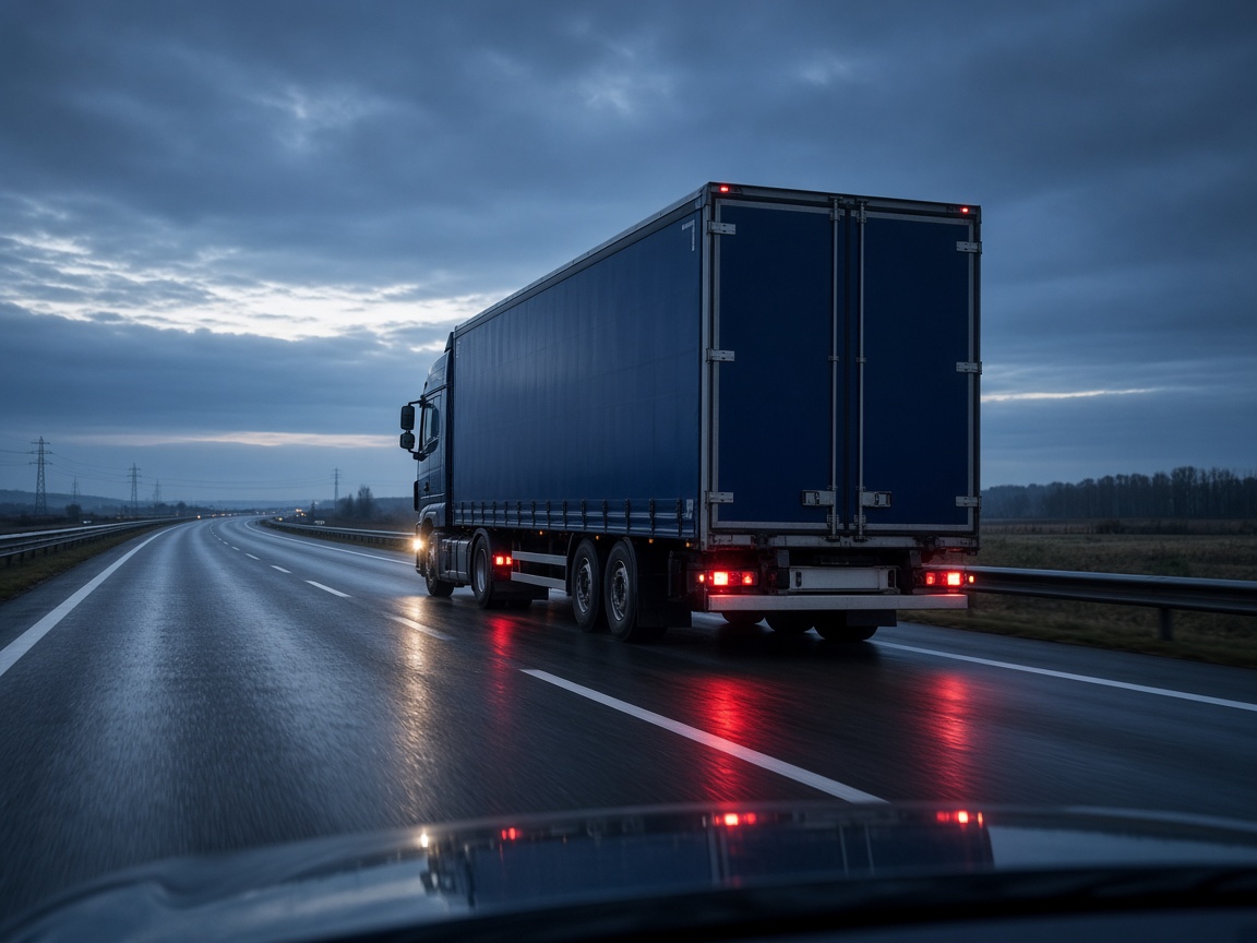Two unbranded freight trucks travelling along a misty highway through rolling countryside at dawn.