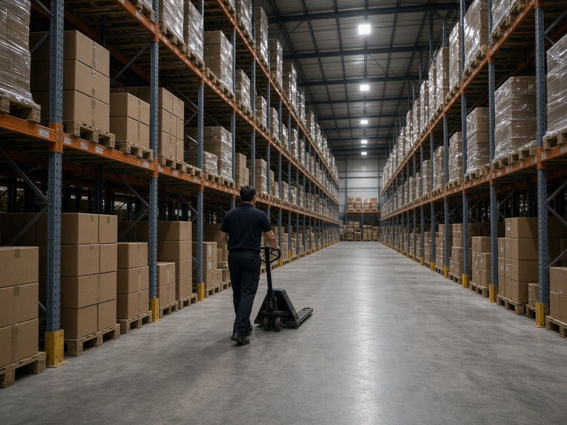 A large, organised distribution centre with tall pallet racks, a forklift and two workers in hi-vis vests.